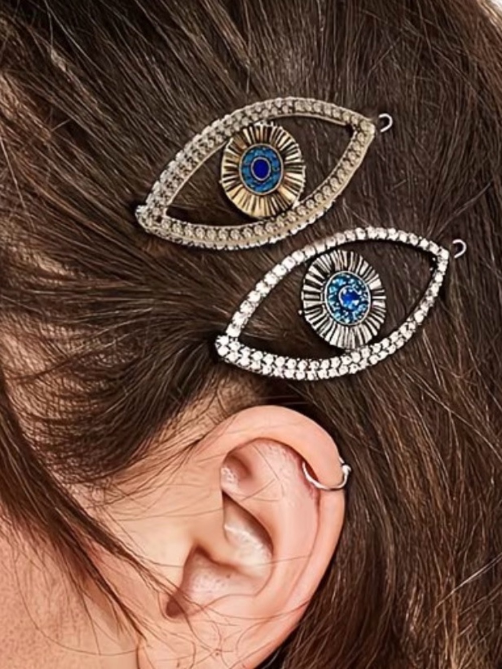 Gold-Tone Blue Crystal Evil Eye Hair Clips - Set of 2